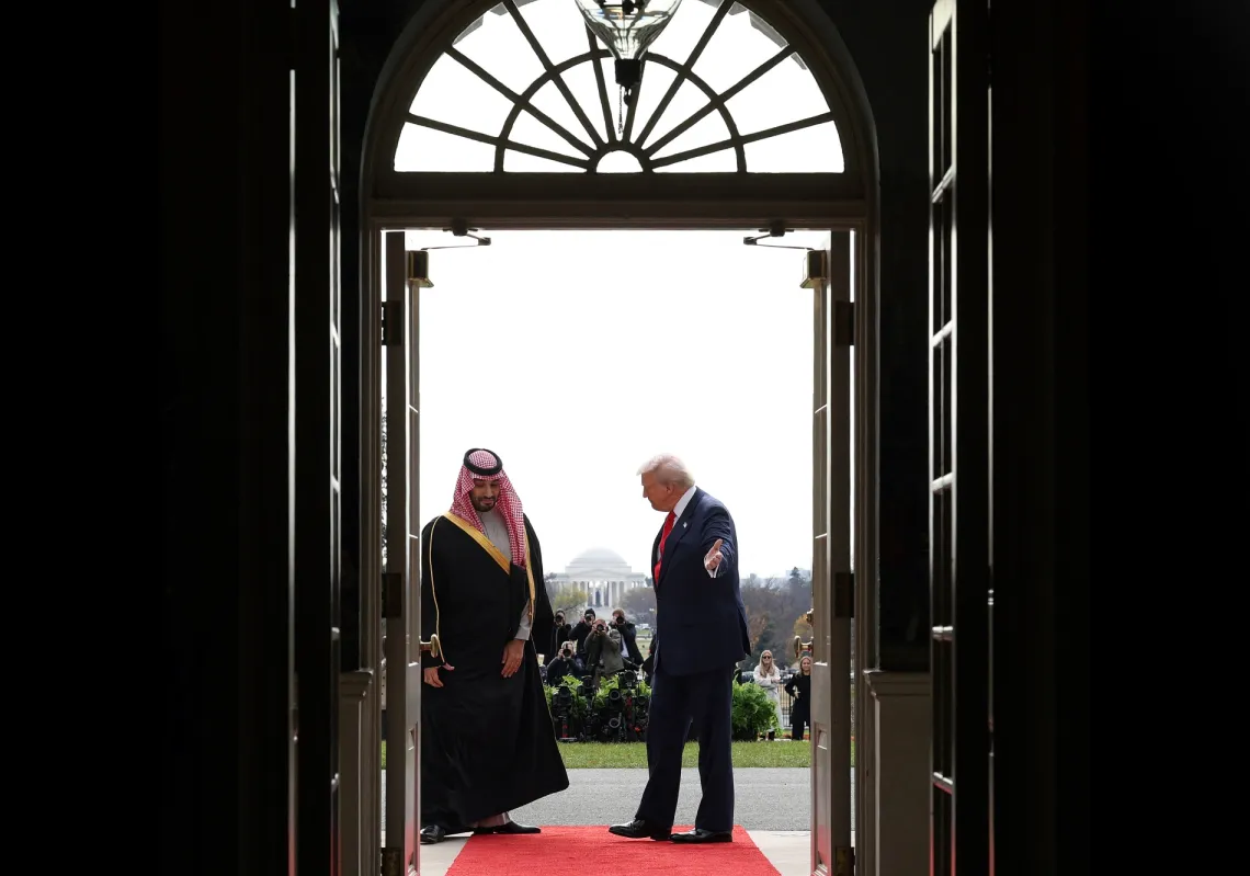 US President Donald Trump welcomes Saudi Crown Prince Mohammed bin Salman to the White House on 18 November 2025, in Washington, DC. 