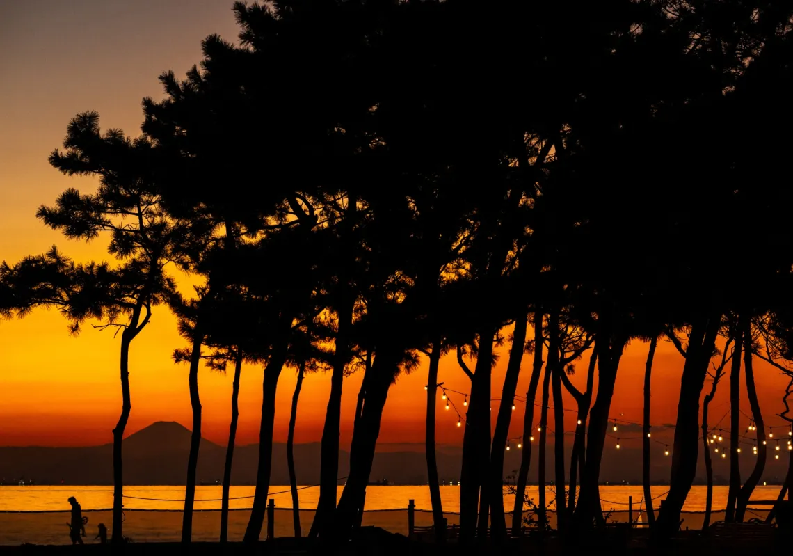 People are seen on the beach as Mount Fuji is seen in the background from the Inage Seaside Park in Chiba city, a suburb of Tokyo during evening hour on 19 November 2025. 