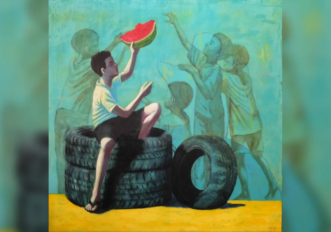 A work from Syrian artist Shadi Abu Saada&#039;s latest exhibition, &#039;Migrants&#039;.