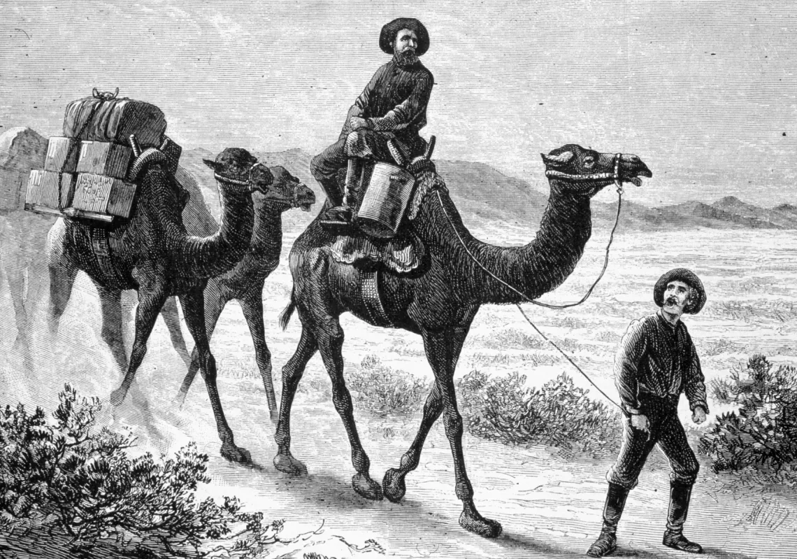 نقش خشبي بعنوان قطار الجمال في نيفادا من أعمال Jules Tavernier عن رسم Paul Frenzeny، نُشر في Harper’s Weekly عام 1877