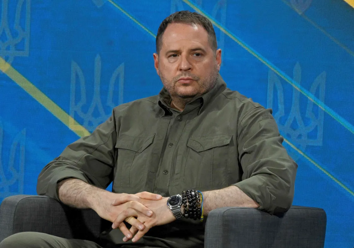 Andriy Yermak, Ukrainian President&#039;s chief of staff, looks on during a press conference in Kyiv on 27 August 2024, amid the Russian invasion of Ukraine. 