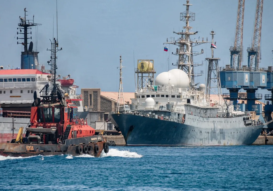 A Russian navy ship docked at the port of the Sudanese city of Port Sudan on 27 April 2021.