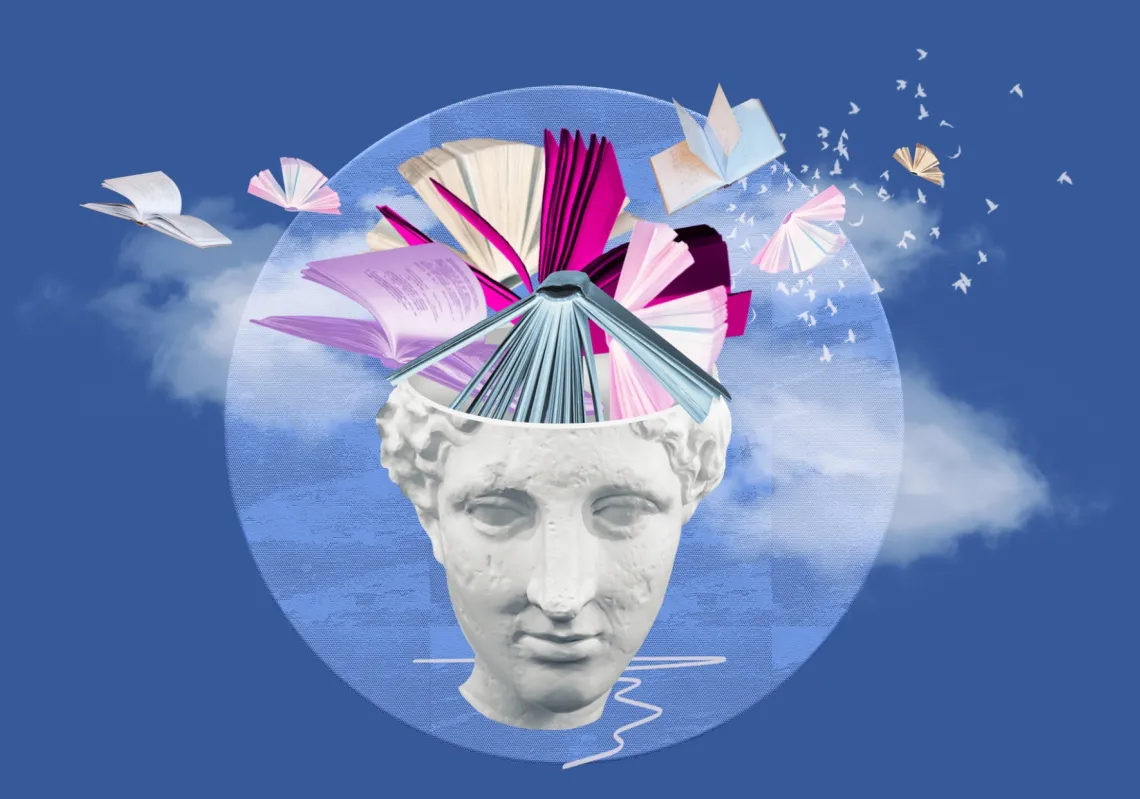 تمثال إنساني أثري مجرّد مع كتب