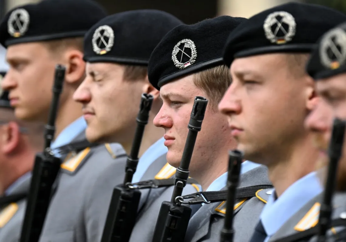 Recruits of the German Armed Forces Bundeswehr are sworn in on 4 September 2025 in front of North Rhine-Westphalia's state parliament in Duesseldorf, western Germany.