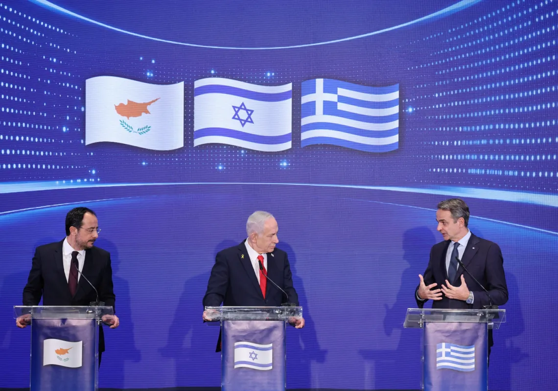 Israeli Prime Minister Benjamin Netanyahu, Cyprus President Nikos Christodoulides and Greek Prime Minister Kyriakos Mitsotakis hold a joint press conference after a trilateral meeting in Jerusalem, on 22 December 2025.
