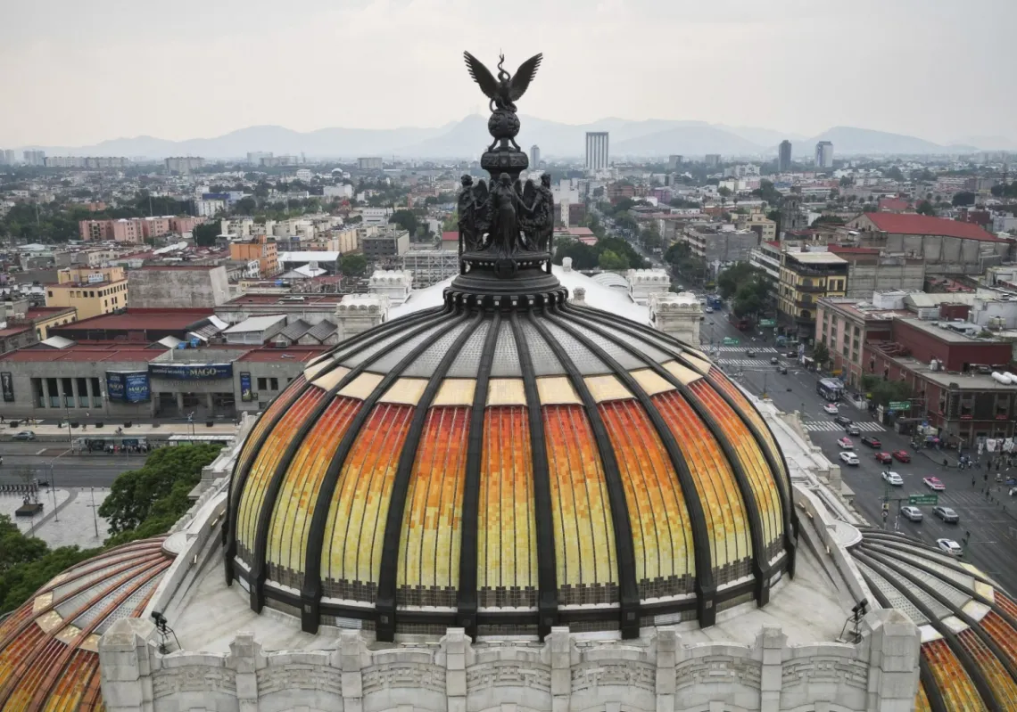 An aerial view of the dome of the Palace of Fine Arts Museum in Mexico City, on 22 May 2024.
