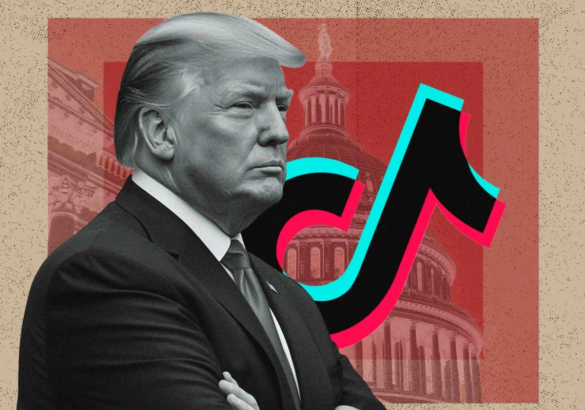 الرئيس الأميركي دونالد ترمب وشعار تطبيق "تيك توك"