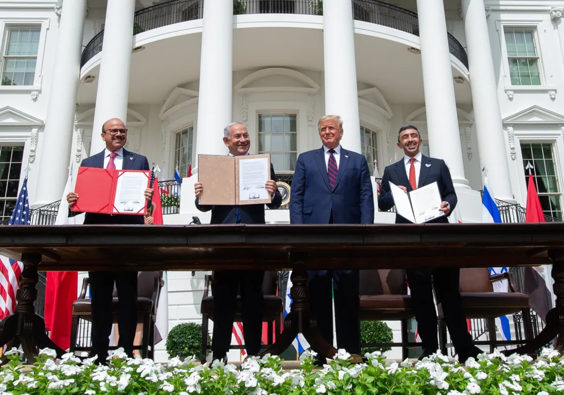 (L-R)Bahrain Foreign Minister Abdullatif al-Zayani, Israeli Prime Minister Benjamin Netanyahu, US President Donald Trump, and UAE Foreign Minister Abdullah bin Zayed Al-Nahyan after signing the Abraham Accords on 15 September 2020.