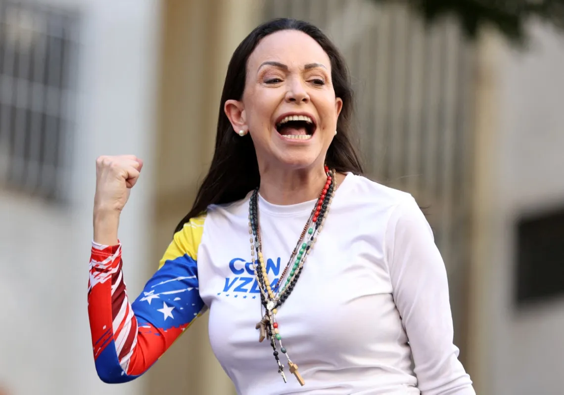 Venezuelan opposition leader Maria Corina Machado gestures at a protest ahead of the Friday inauguration of President Nicolas Maduro for his third term, in Caracas, Venezuela, on 9 January 2025. 