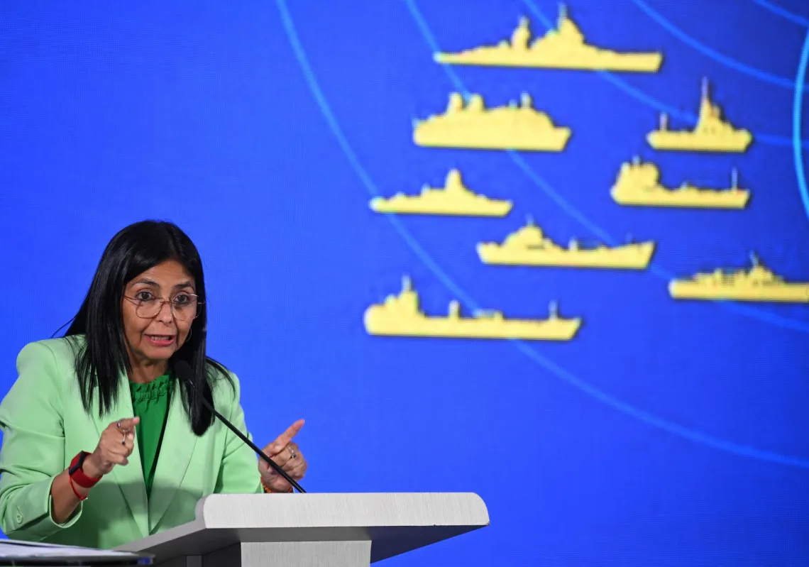 Venezuela's Vice President Delcy Rodríguez speaks during a press conference in Caracas on 8 September 2025.