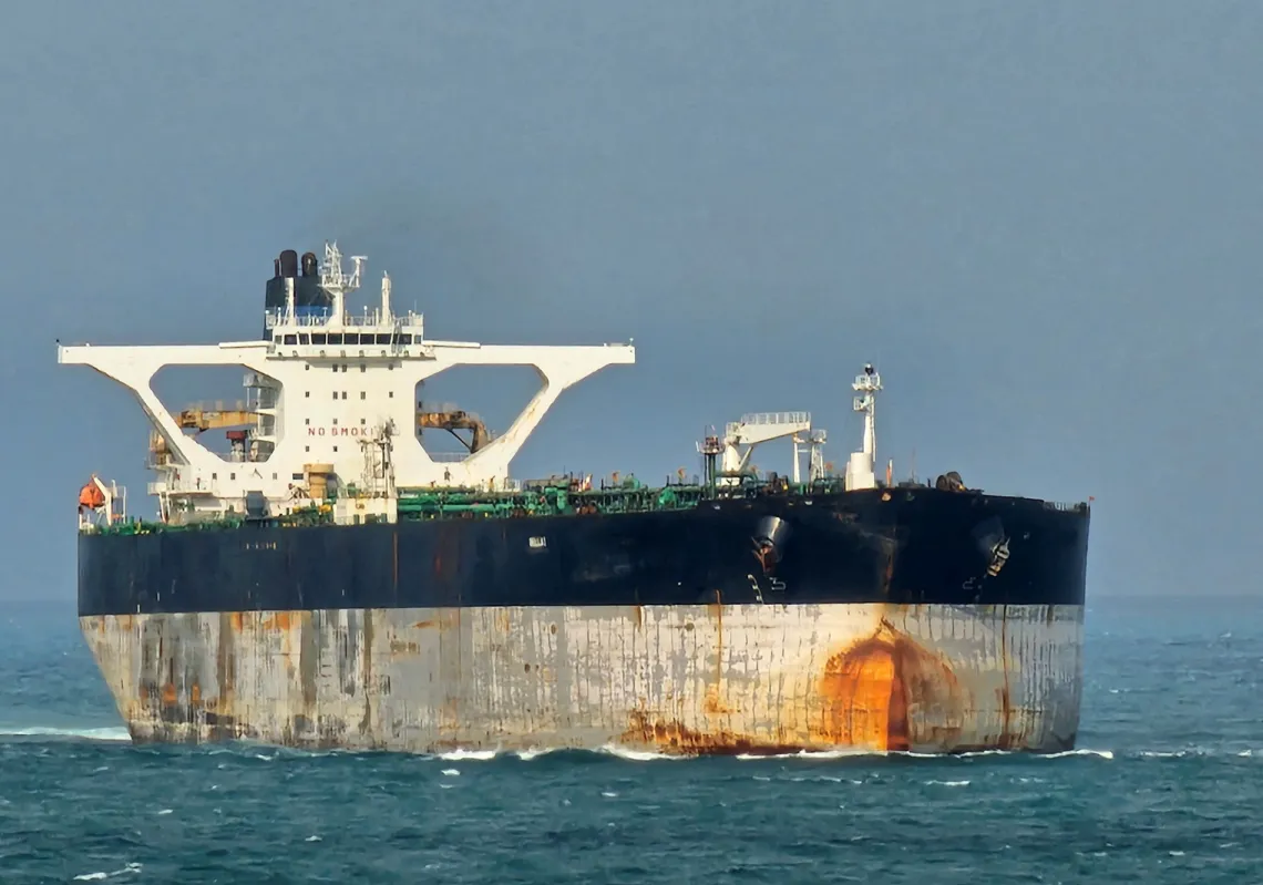 A Venezuelan oil tanker in the middle of the sea near Singapore, after being pursued by US authorities, on 18 March 2025.
