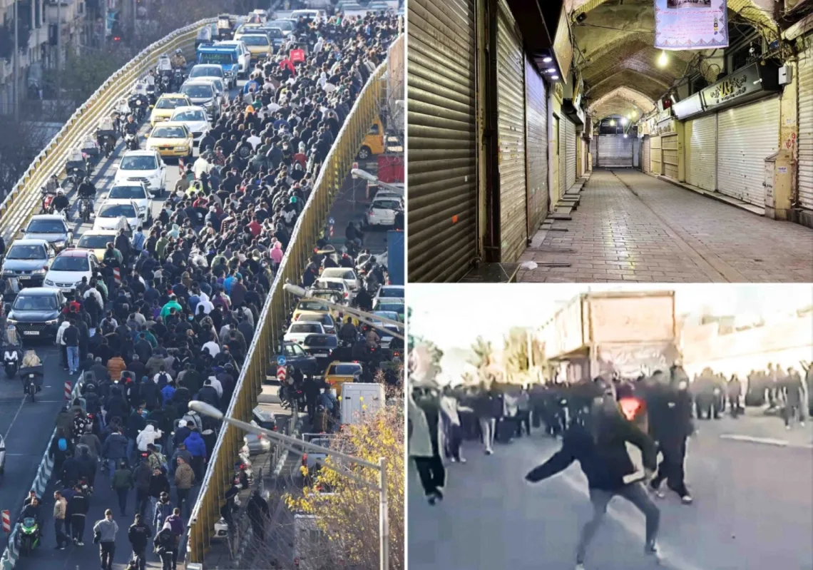 A collage of protests in Iran on 8 and 9 January 2026.