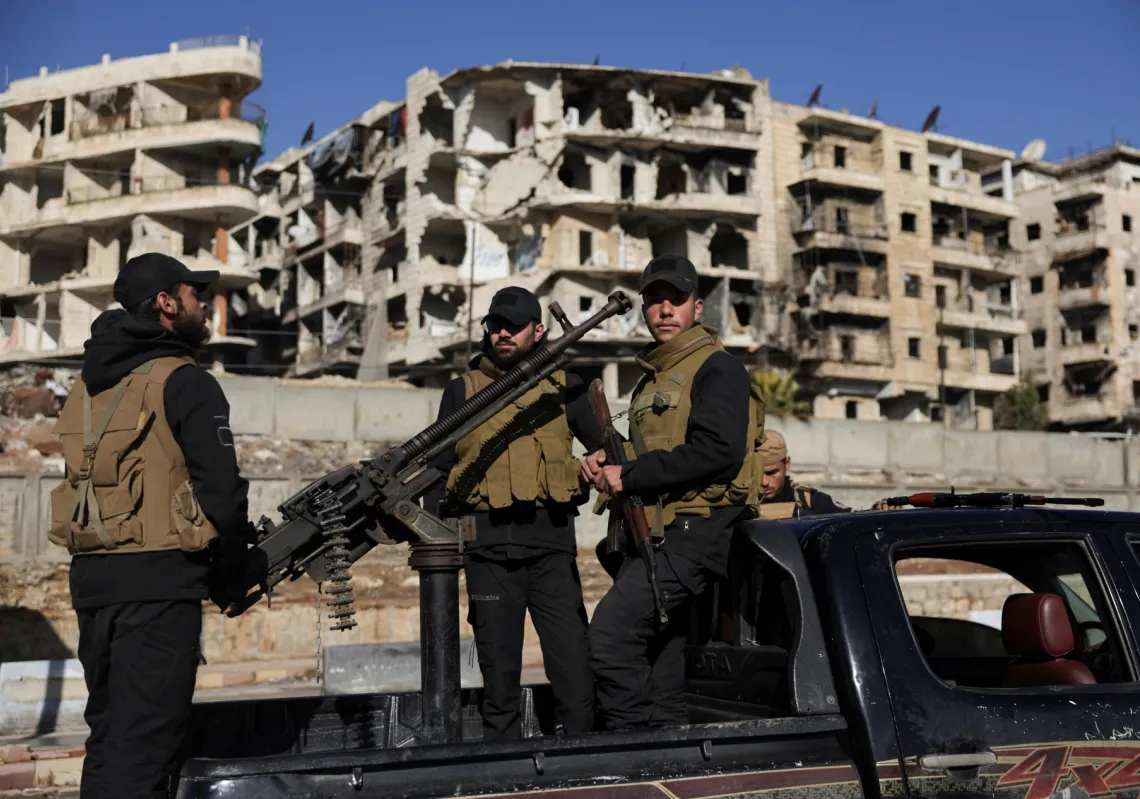 Government forces patrol the Sheikh Maqsoud neighbourhood after taking control of the area, following the collapse of an agreement between the Syrian government and the SDF, in Aleppo, Syria, on 10 January 2026. 