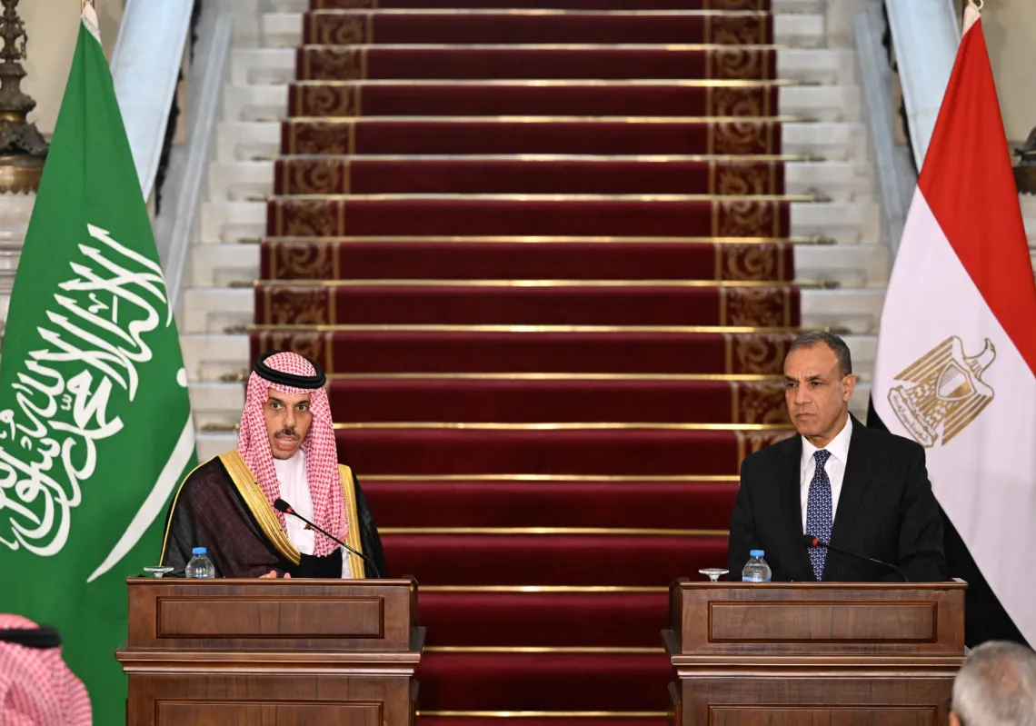 Saudi Arabia's Foreign Minister Faisal bin Farhan (L) gives a joint press conference with his Egyptian counterpart Badr Abdelatty (R) at Tahrir Palace in the centre of Cairo on September 10, 2024.