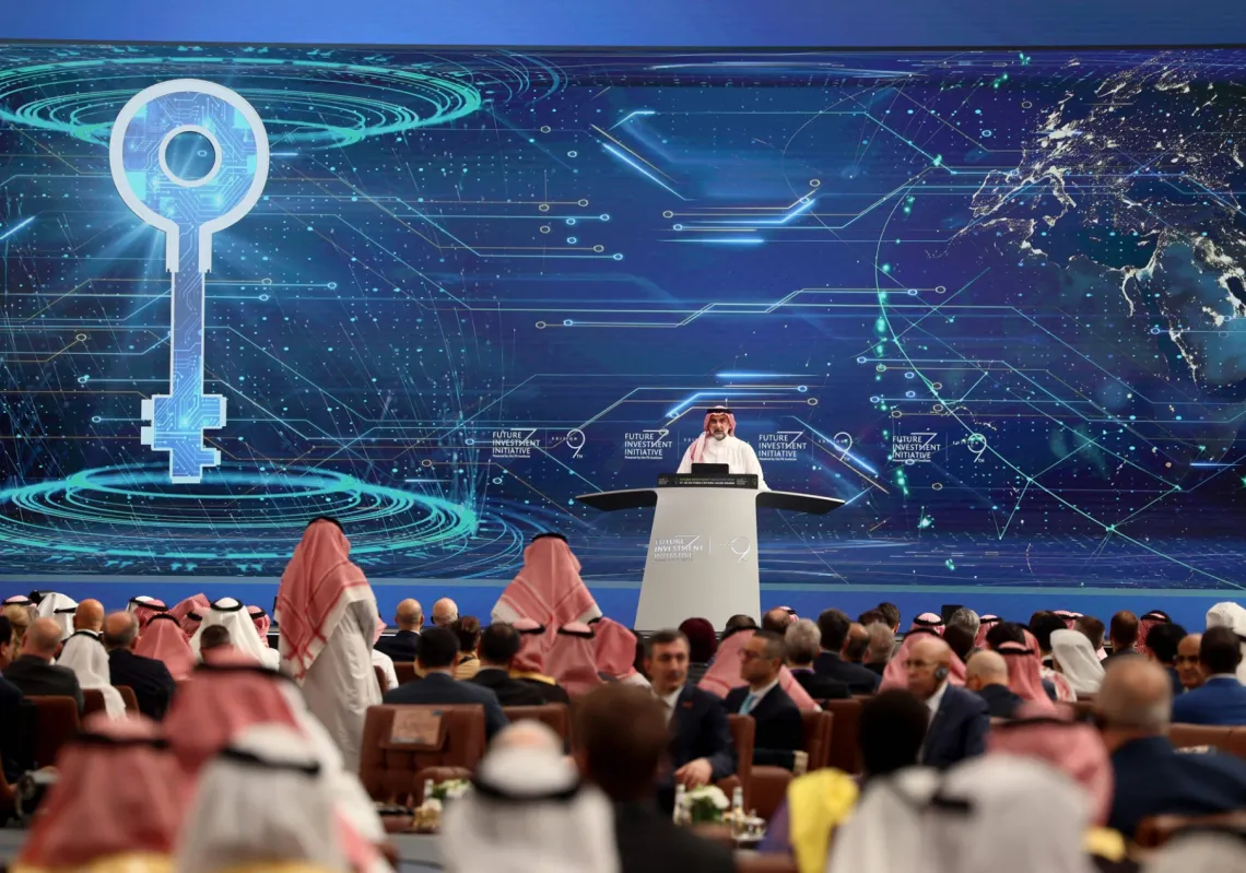 Yasser Al-Rumayyan, Governor of the Public Investment Fund, delivers a speech during the third edition of the Future Investment Initiative, in Riyadh on 28 October 2025.