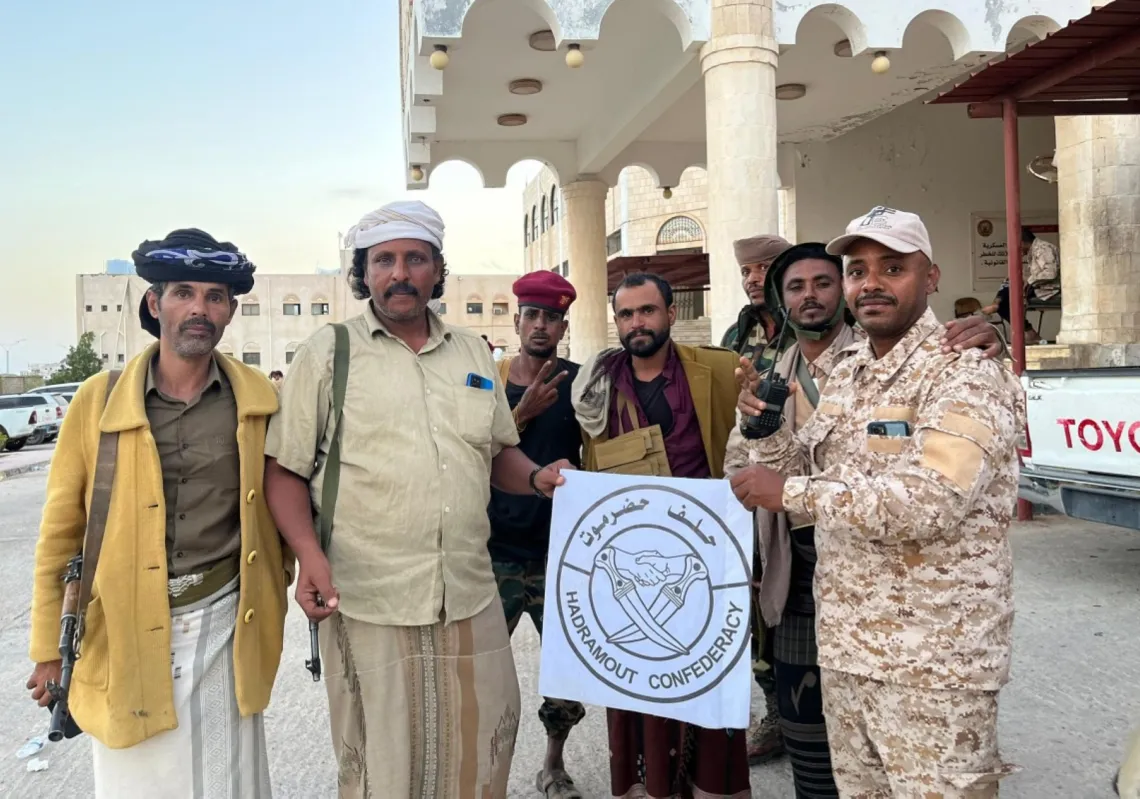 Saudi-backed forces in control of the Second Military Region Command on the outskirts of Mukalla, the capital of Hadramout province, on 3 January, 2026.