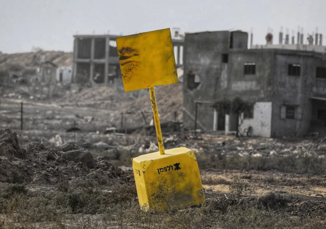A general view of a concrete block marking the "Yellow Line" drawn by the Israeli military in Bureij, central Gaza Strip, on 4 November 2025.