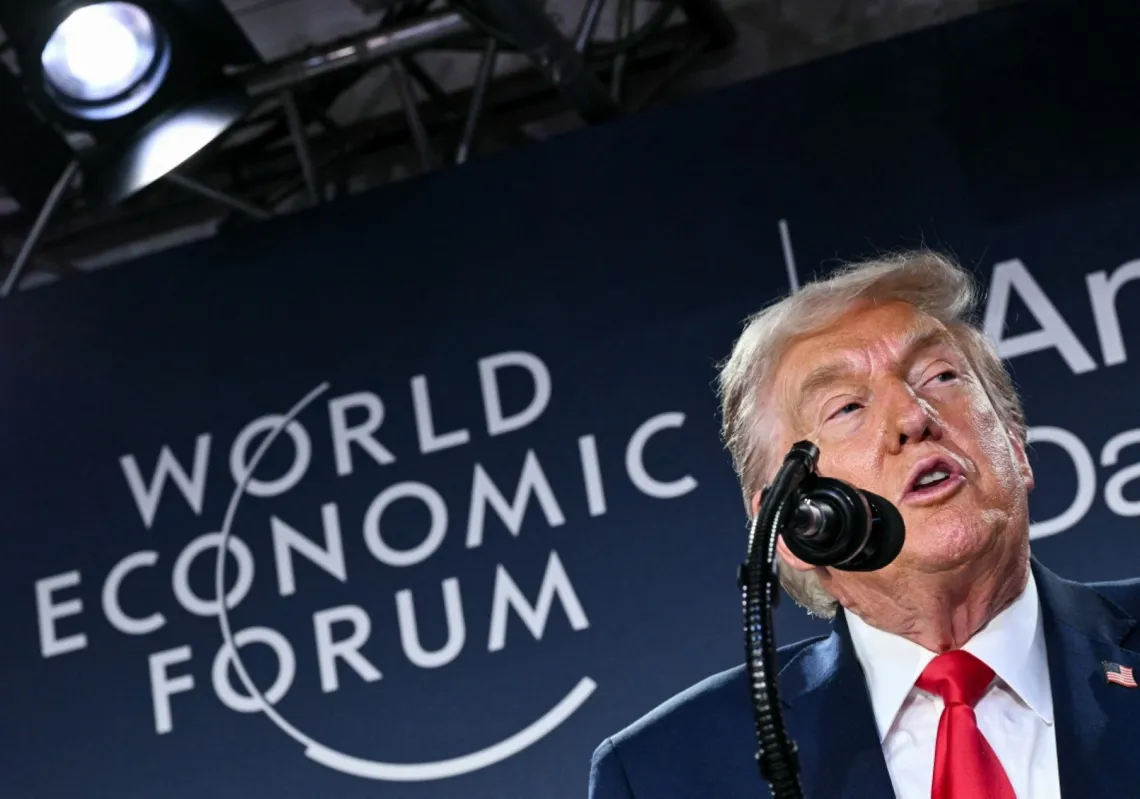 US President Donald Trump speaks during a reception with business leaders on the sidelines of the World Economic Forum (WEF) annual meeting in Davos on 21 January 2026.