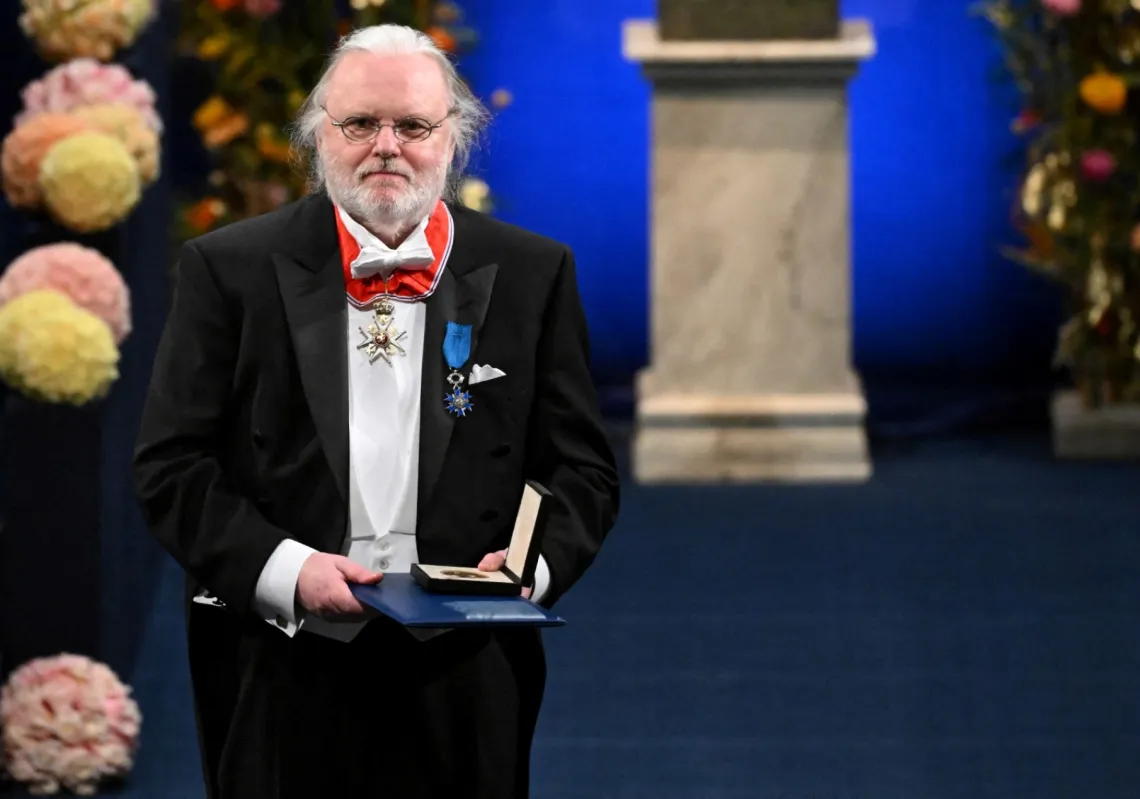 Norwegian author Jon Fosse receives the 2023 Nobel Prize in Literature during the award ceremony at the concert hall in Stockholm on 10 December 2023.