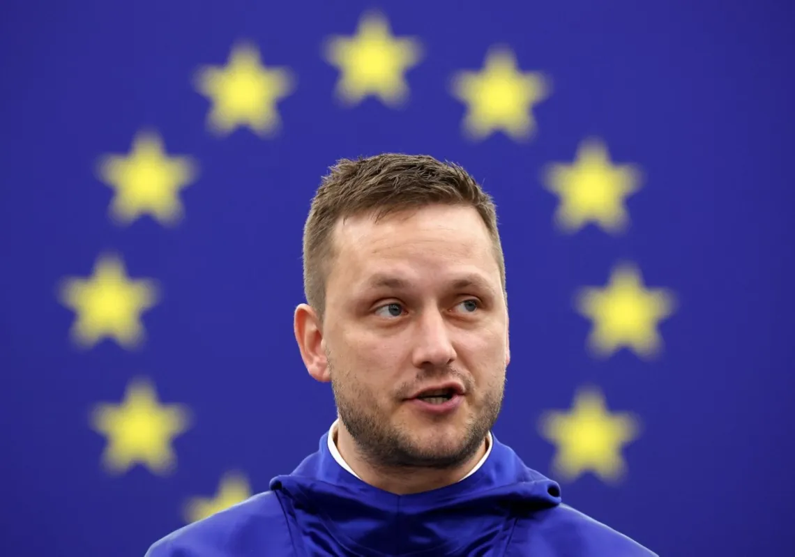 Greenland's Head of Government Jens-Frederik Nielsen addresses Members of European Parliament (MEP) during a formal sitting at the European Parliament in Strasbourg, eastern France, on 8 October 2025.