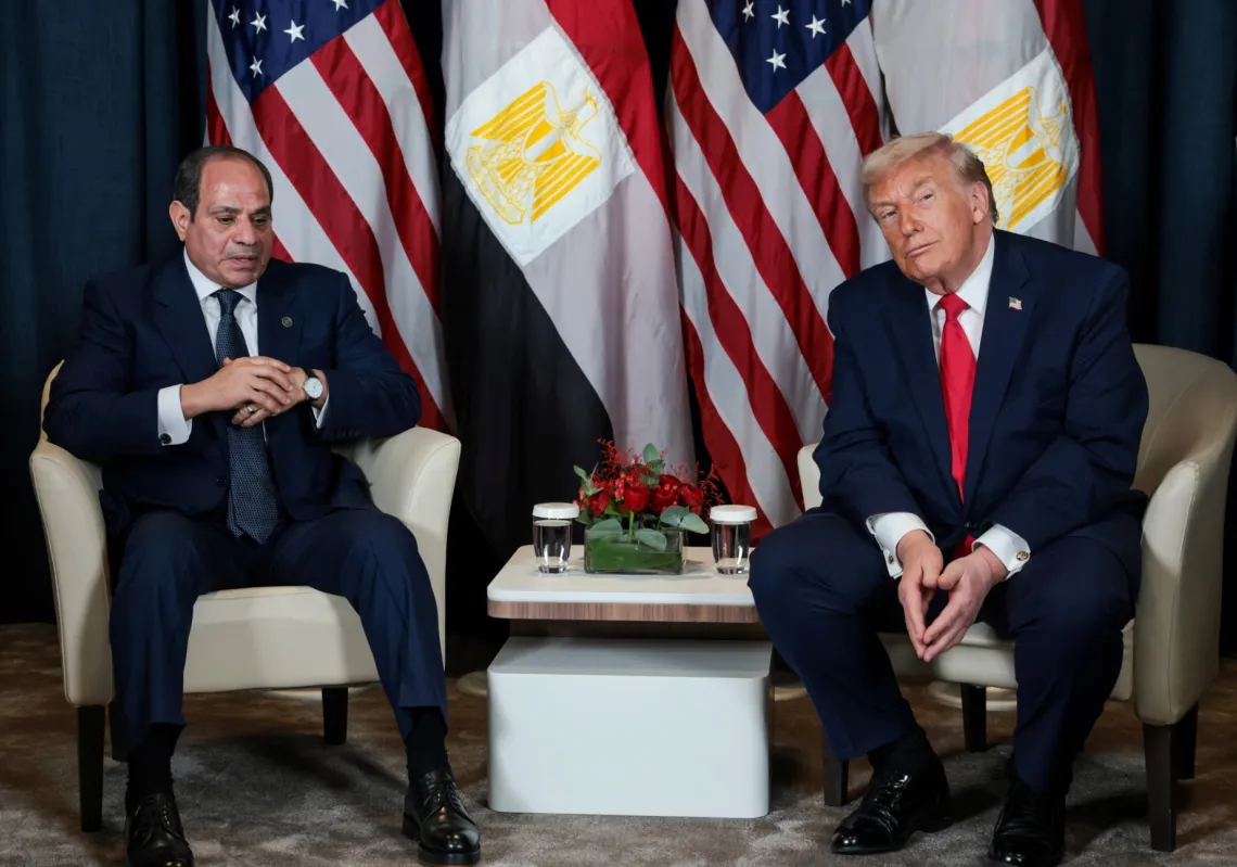 US President Donald Trump holds a meeting with Egyptian President Abdel Fattah al-Sisi during the World Economic Forum in Davos on 21 January 2026.
 