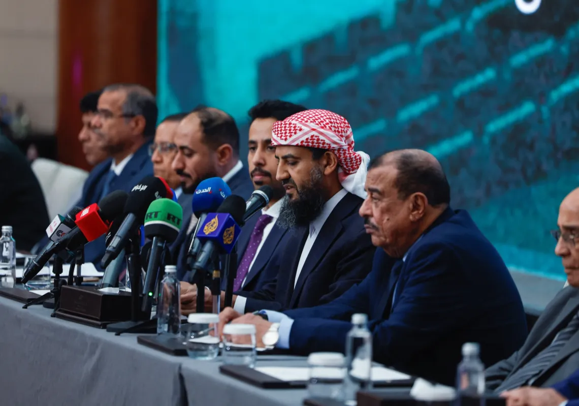 Abdul Rahman Al-Mahrami, a member of the Yemeni Presidential Leadership Council, speaks during the Southern Consultative Meeting in Riyadh, Saudi Arabia, on 18 January 2026.