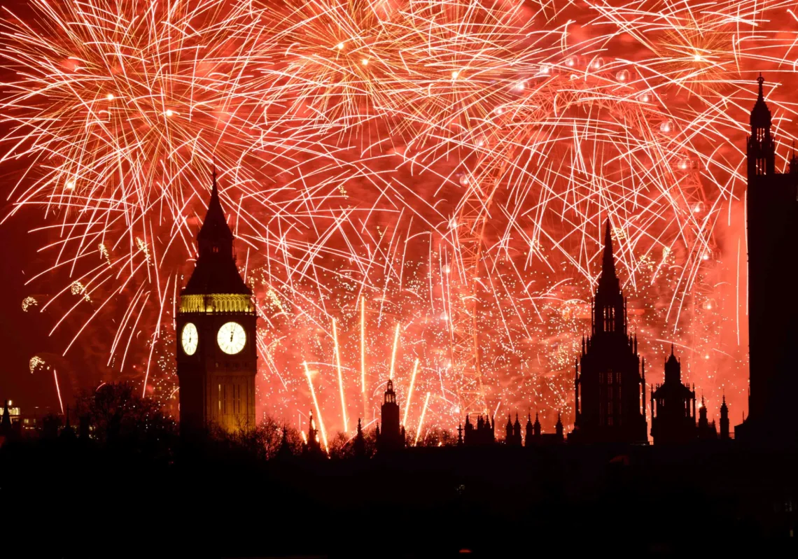 Fireworks streak the London skyline on 1 January 2026. 
