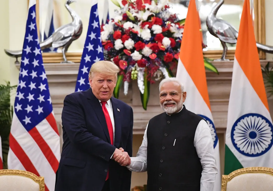 Incoming US President Donald Trump shakes hands with Indian Prime Minister Narendra Modi during a meeting in New Delhi, on 25 February 2020.