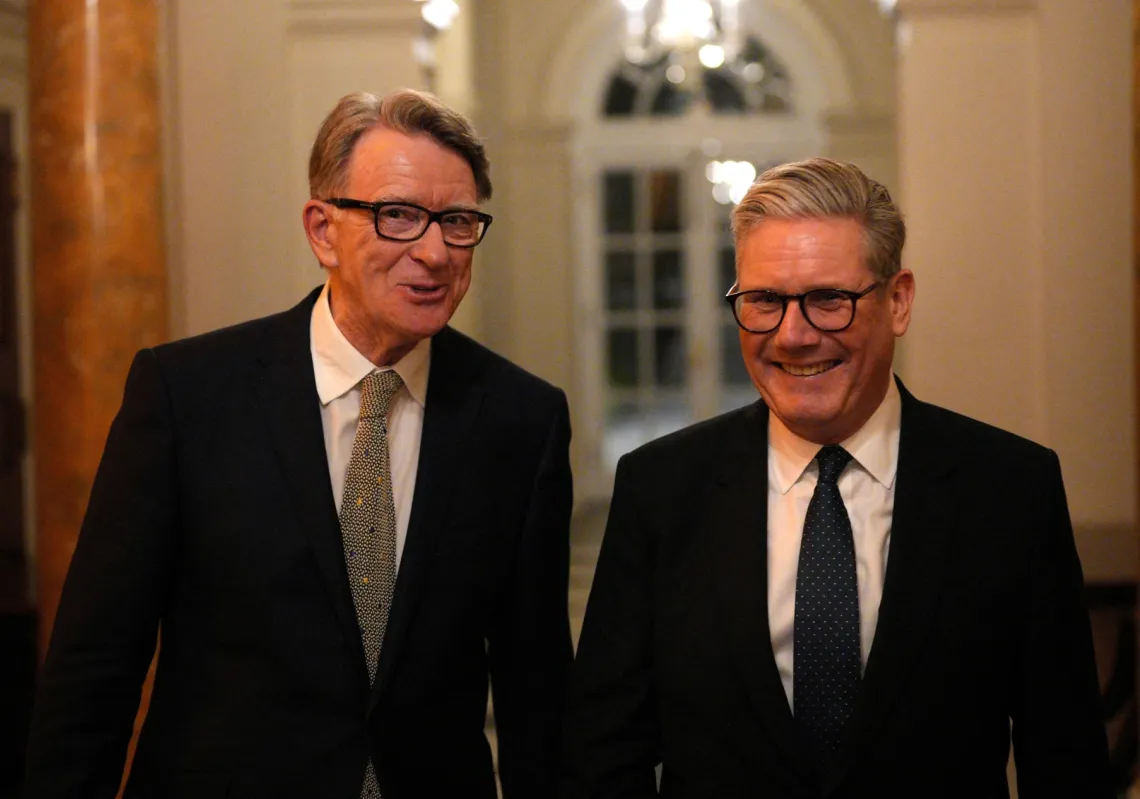 UK Prime Minister Keir Starmer talks with UK ambassador to the United States Peter Mandelson during a welcome reception at the ambassador's residence on 26 February 2025, in Washington, DC.