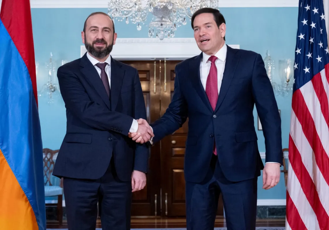 US Secretary of State Marco Rubio greets Armenian Foreign Minister Ararat Mirzoyan (L) prior to meetings at the State Department in Washington, DC, on 13 January 2026. 