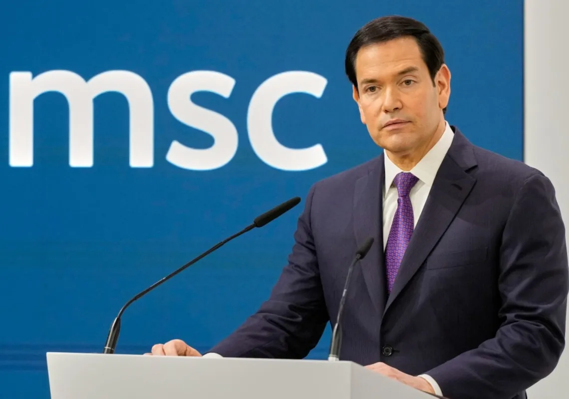 وزير الخارجية الأميركي ماركو روبيو يلقي كلمته في مؤتمر ميونخ الأمني ​​الثاني والستين (MSC) في 14 فبراير 2026 في ميونخ، جنوب ألمانيا