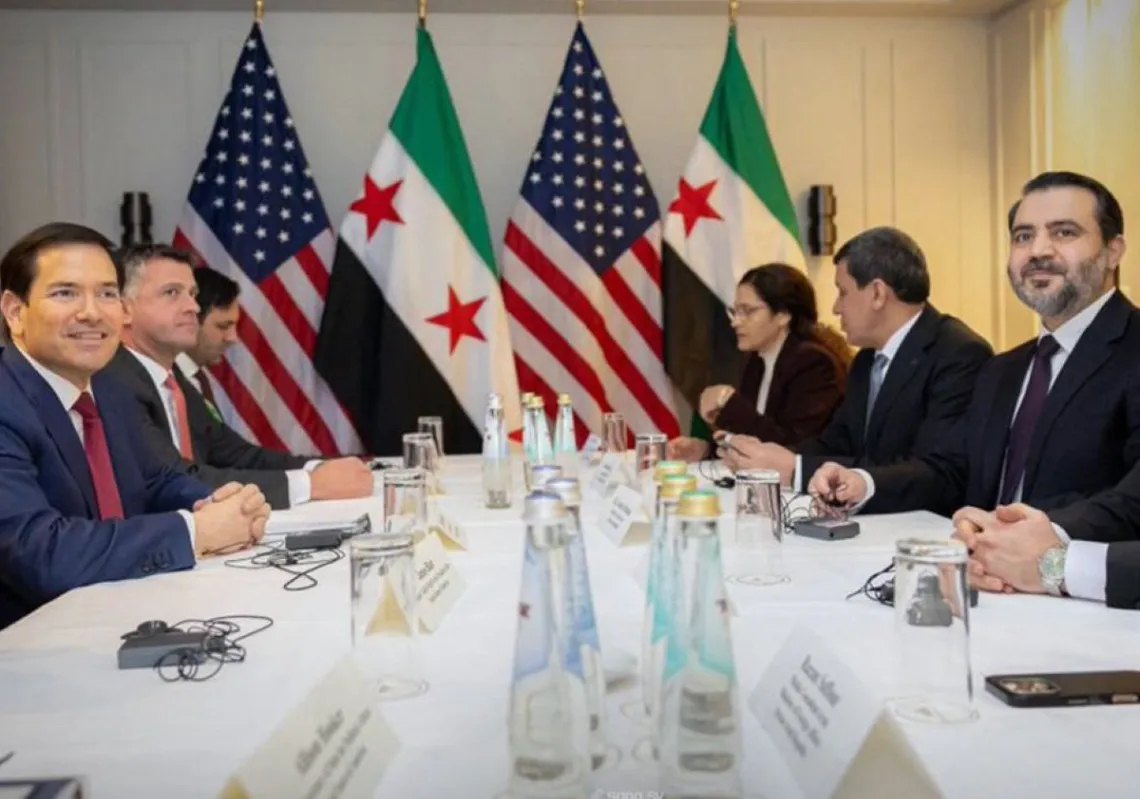 US Secretary of State Marco Rubio with Syrian Foreign Minister Asaad al-Shaibani and SDF Commander Mazloum Abdi