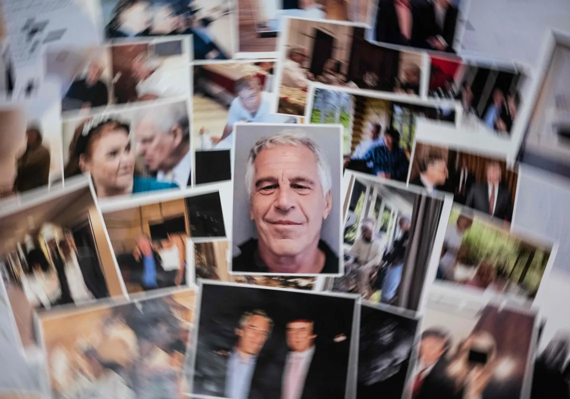 This photograph taken in Le-Perreux-sur-Marne, outside Paris on February 9, 2026 shows undated pictures provided by the US Department of Justice on 30 January 2026 as part of the Jeffrey Epstein files.