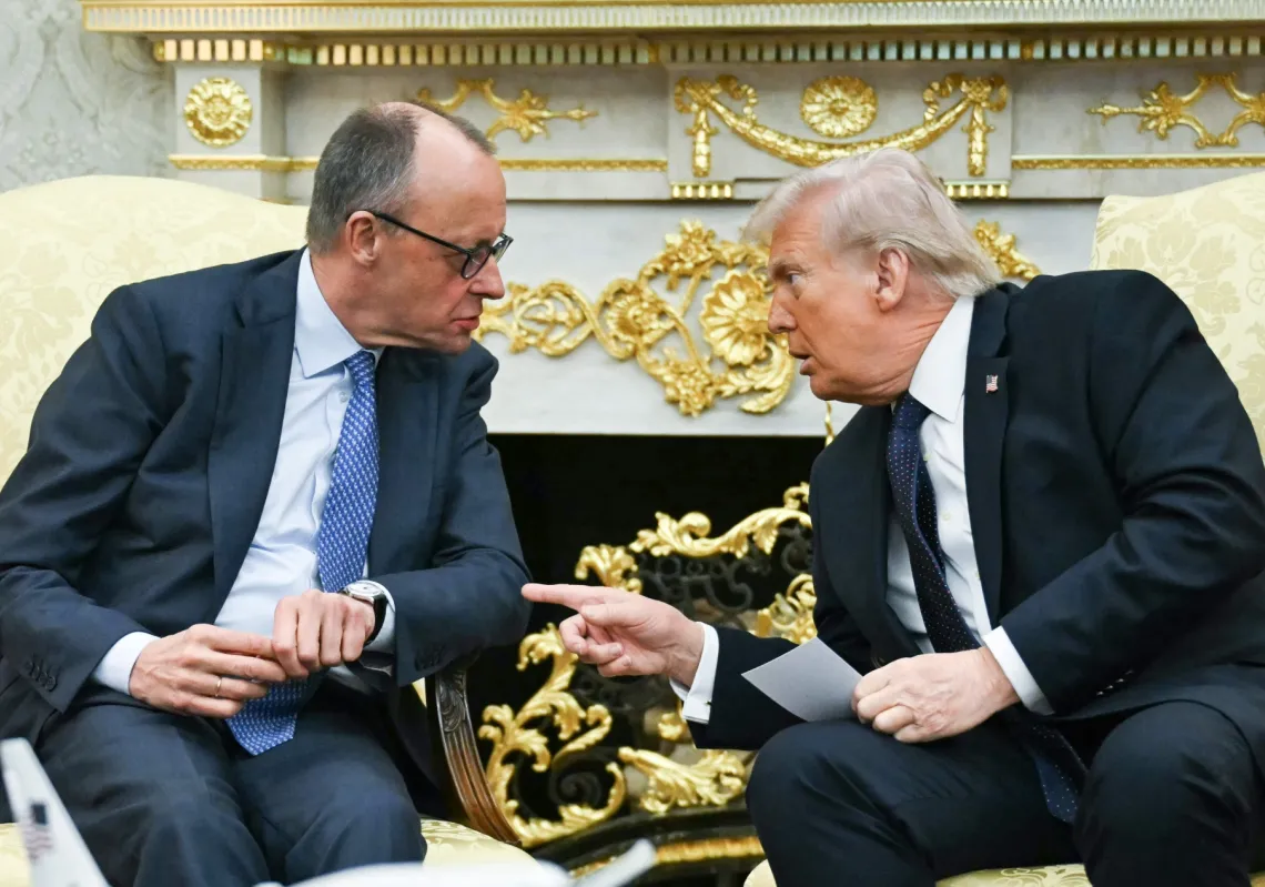 US President Donald Trump meets with German Chancellor Friedrich Merz in the Oval Office of the White House in Washington, DC, on 3 March 2026.