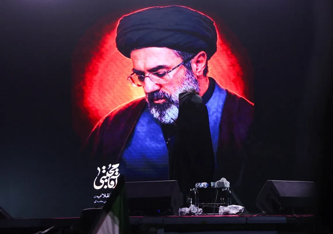 A picture of Iran's new supreme leader, Mojtaba Khamenei, displayed on a screen in Tehran, amid the U.S.-Israeli conflict with Iran, in Tehran, Iran, on 9 March 2026.