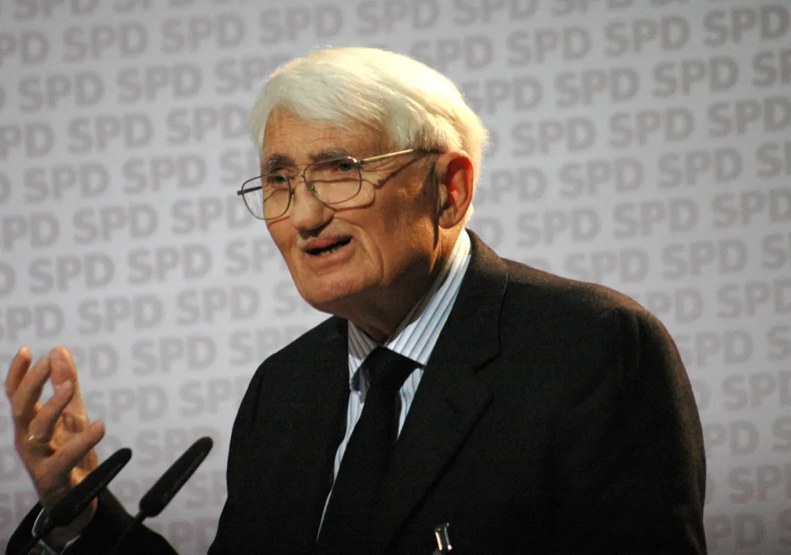 German philosopher Jürgen Habermas speaks from a podium at an event on philosophy and politics at the Willy Brandt House in Berlin, on 23 November 2007.
 