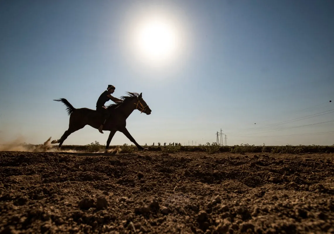 رجل يشارك في سباق خيل عند الفجر تفاديا لحر الصيف قرب قرية كرحوك في ناحية الجوادية على الحدود السورية التركية، 19 يوليو 2024