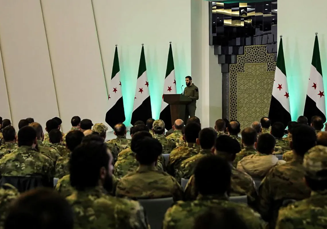 الرئيس السوري أحمد الشرع وهو يُلقي خطاباً في دمشق، في 29 يناير 2025