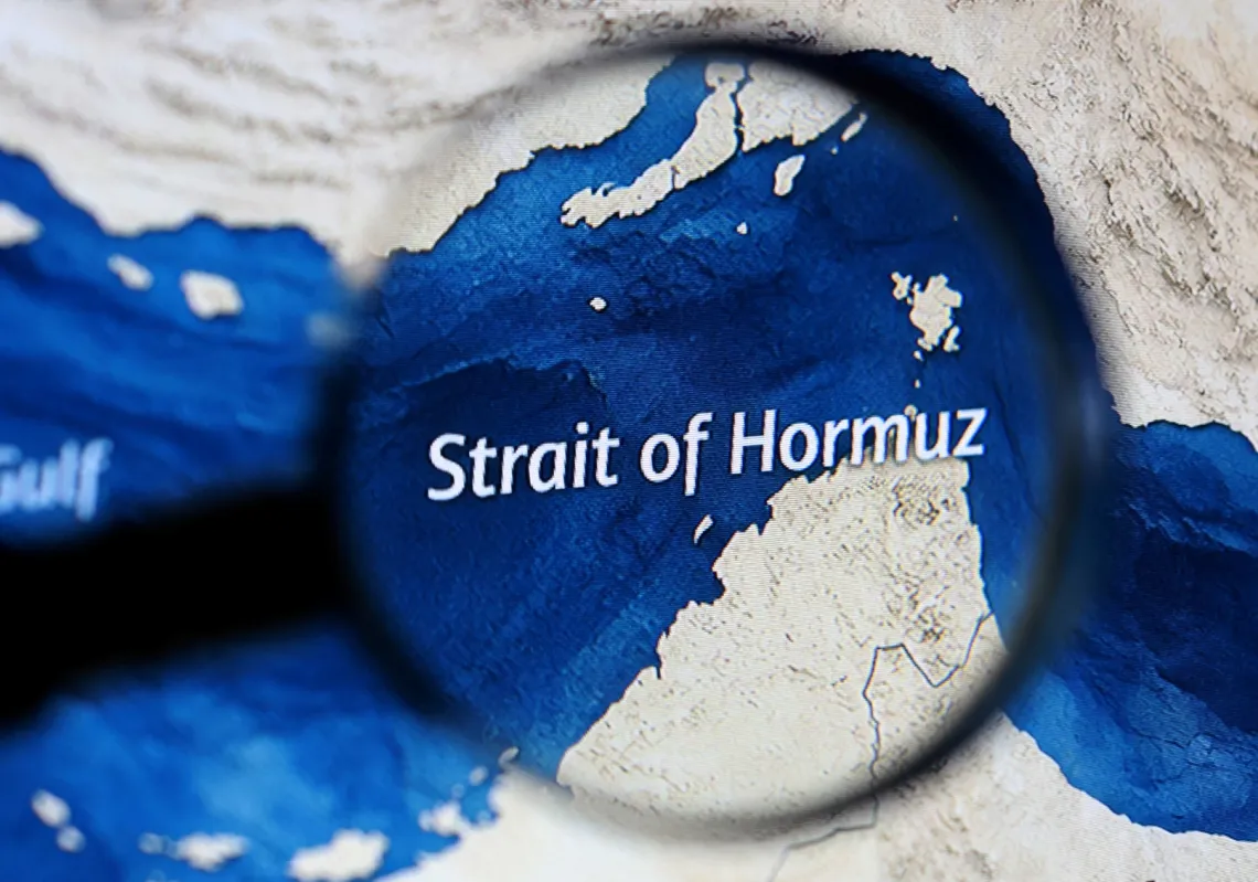 An illustrative map of the Strait of Hormuz in a graphic format, on 23 March 2026.