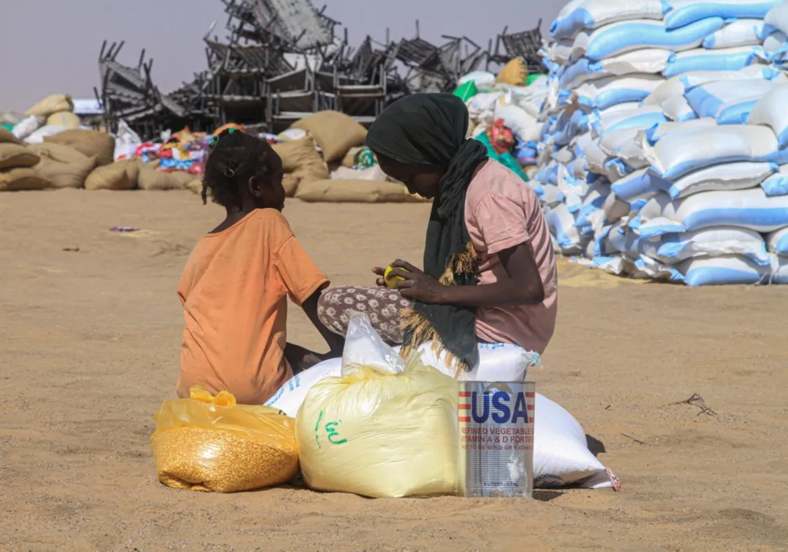 Sudanese girls who fled El-Fasher receive humanitarian aid at the Al-Afad camp for displaced people in the town of Al-Dabba, northern Sudan, on 25 November 2025.