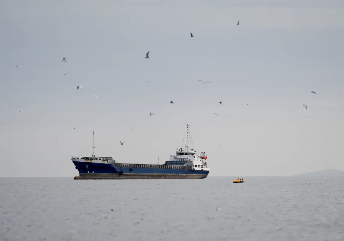 سفينة في مضيق هرمز قبالة سواحل محافظة مسندم العُمانية، في ظل التوترات التي تهدد الملاحة في الممر الحيوي، 12 أبريل 2026