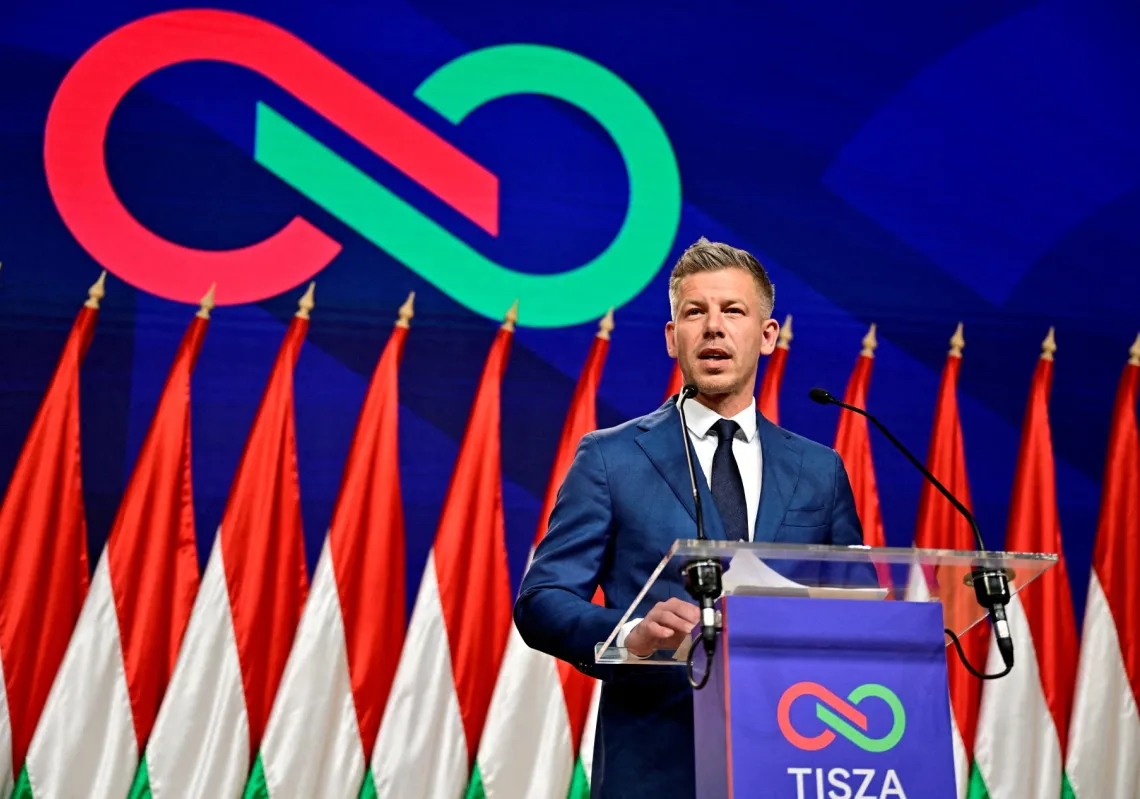 Magyar, leader of the opposition Tisza Party, speaks during a press conference a day after the parliamentary election, in which Hungarian Prime Minister Viktor Orban conceded defeat, Budapest, Hungary, on 13 April 2026.