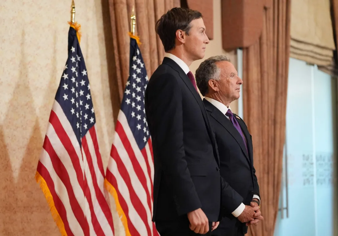 Vice President JD Vance at a news conference as Jared Kushner, left, and Steve Witkoff, Special Envoy for Peace Missions listen on 12 April 2026, in Islamabad.
