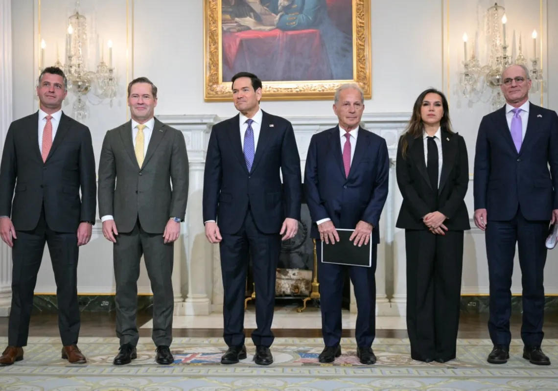US Ambassador to the UN Mike Waltz, US Secretary of State Marco Rubio, US Ambassador to Lebanon Michel Issa, and Israeli Ambassador to the US Yechiel Leiter at the State Department in Washington, DC, on 14 April 2026.