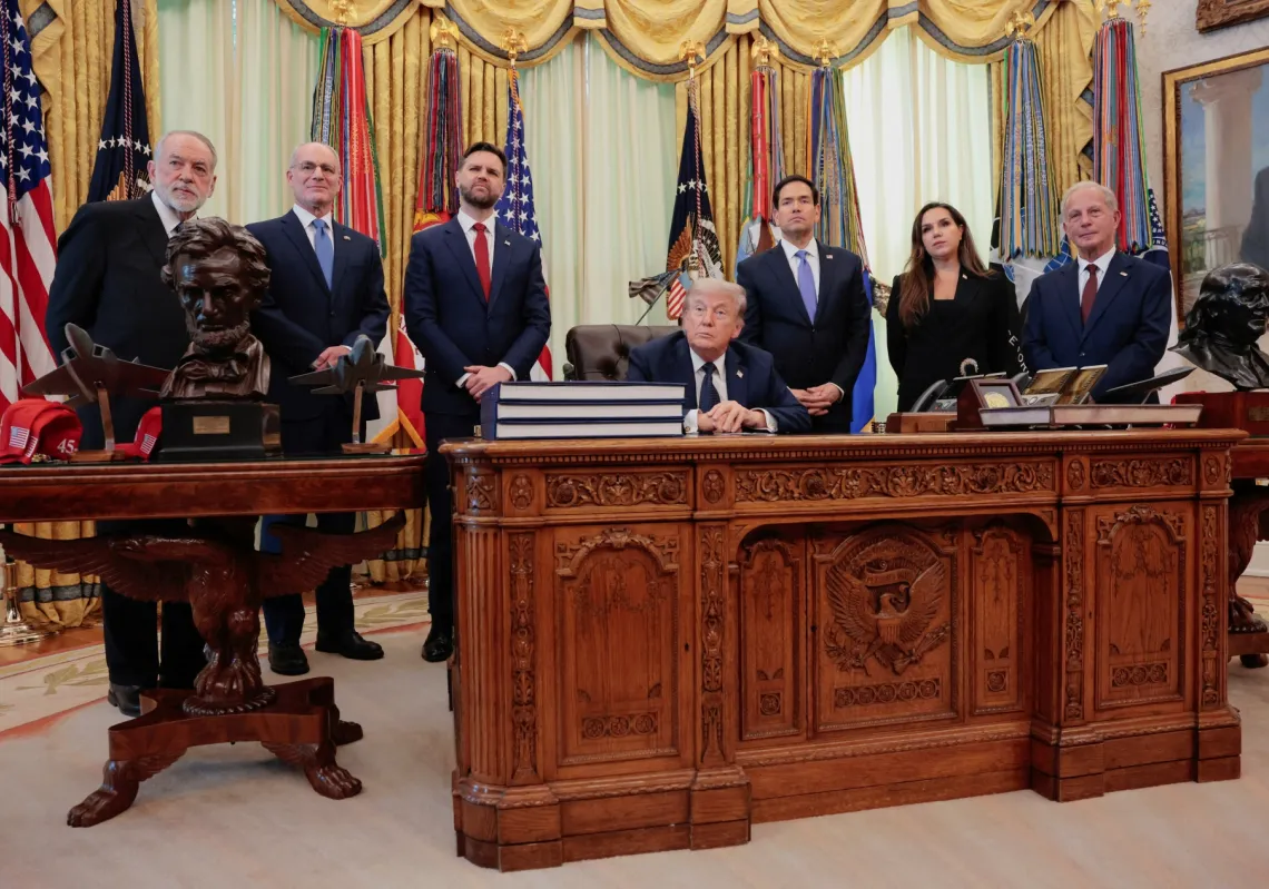 Israel Ambassador to the US Yechiel Leiter, US Ambassador to Lebanon Michel Issa, President Donald Trump and Secretary of State Marco Rubio in the Oval Office at the White House on 23 April 2026. 