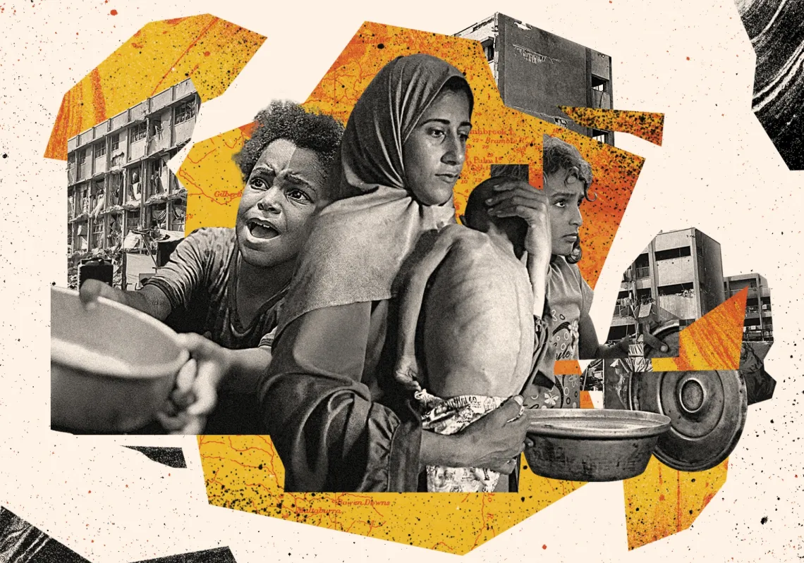 A collage of Israel's policy of destruction and starvation in Gaza.