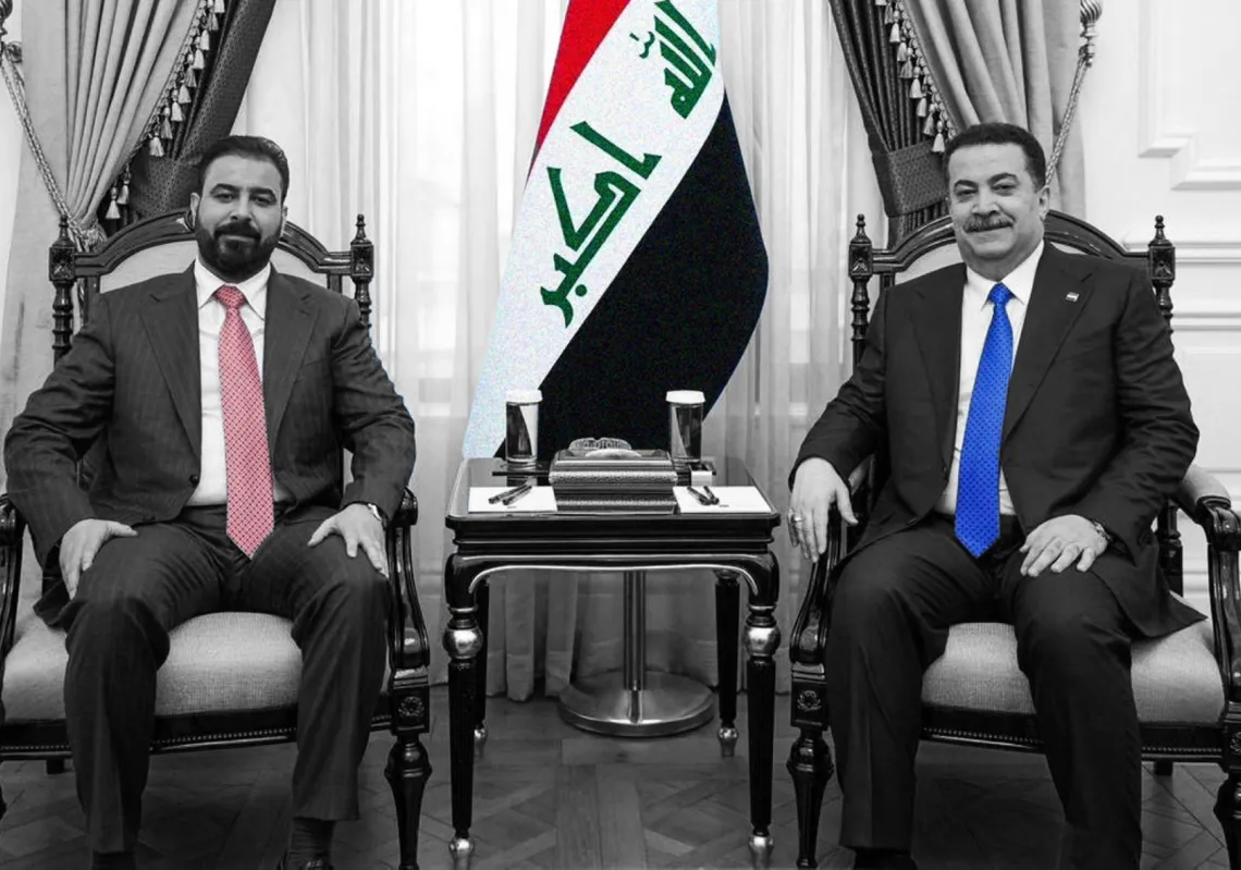 رئيس الوزراء العراقي المنتهية ولايته محمد شياع السوداني ورئيس الوزراء المكلف علي الزيدي في القصر الحكومي ببغداد في 27 أبريل 2026