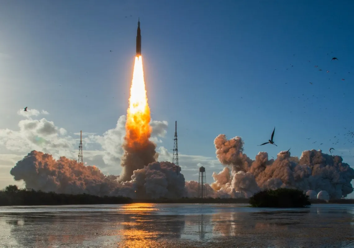 The Artemis II crewed lunar mission lifts off from Pad 39B at Kennedy Space Centre in Cape Canaveral, Florida, on 1 April 2026.