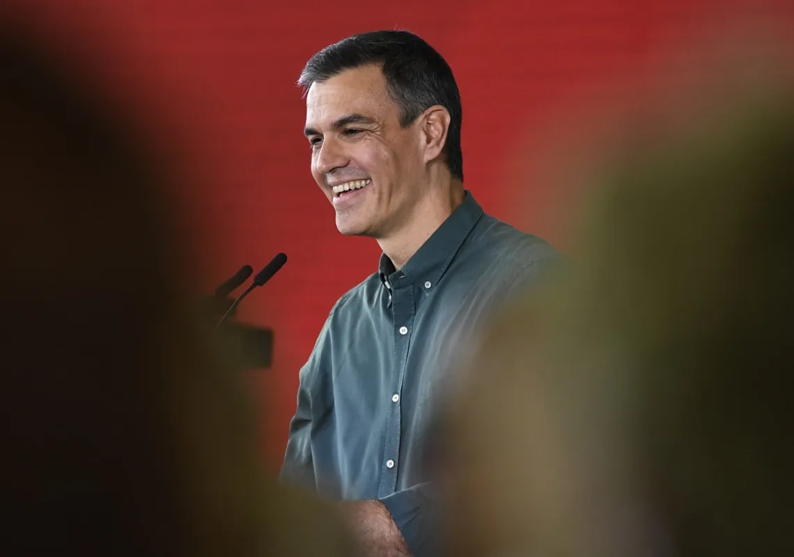 Spanish Prime Minister Pedro Sanchez smiles as he delivers a speech during the Basque Socialist Party (PSE) closing campaign meeting in Bilbao on 19 April 2024, ahead of regional elections in the Basque Country. 