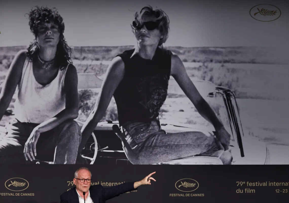 Festival General Delegate Thierry Fremaux speaks in front of the Cannes Festival official poster from the movie "Thelma &amp; Louise" during a press conference in Cannes, France, on 11 May 2026. 